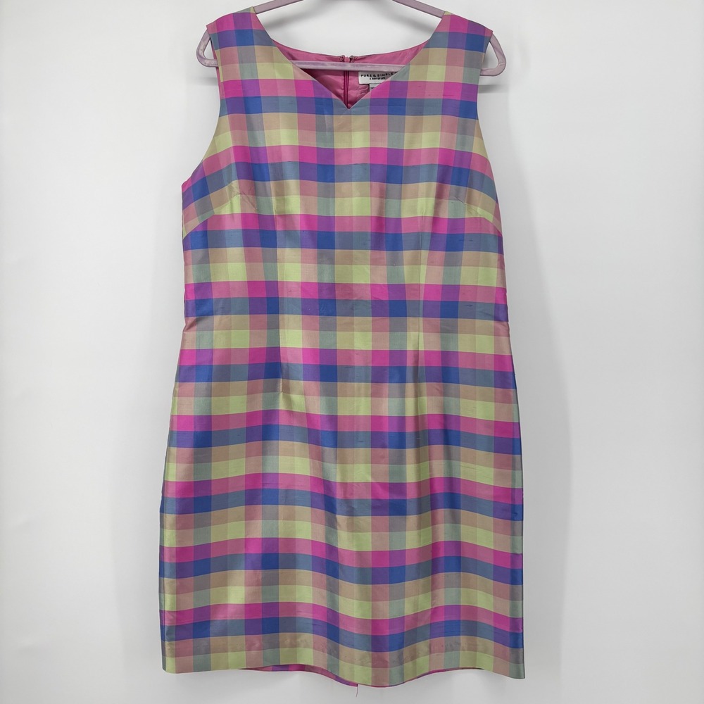 Pure & Simple VTG Womens 100% Silk Plaid Sheath Dress Sleeveless Pastel Size 14